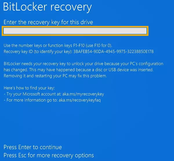 Écran bleu BitLocker recovery qui demande la clé de récupération du lecteur
